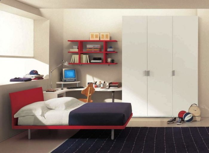 Furniture + Accessories Small Computer Desk Design And Comfortable Bed With White Wardrobe Bed For Bedroom Design Ideas And Red Shelving And Rug With White Desk Lamp And Wooden Chair Ideas Determining And Managing Computer Desk Designs