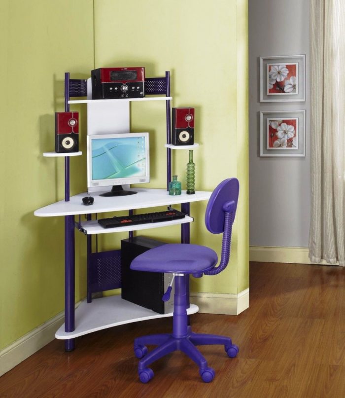 Furniture + Accessories Medium size Small Computer Desk Ideas And Green Wall Design On The Corner Room Design With Graded Boards With Purple Swivel Chair Design And Laminate Flooring Design Ideas