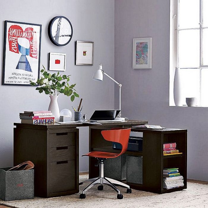 Furniture + Accessories Medium size Small Computer Desk Ideas And White Wall Design And White Desk Lamp And Book Storage Design Ideas With Short Red Swivel Chair With Carpet Flooring For Home Office Ideas