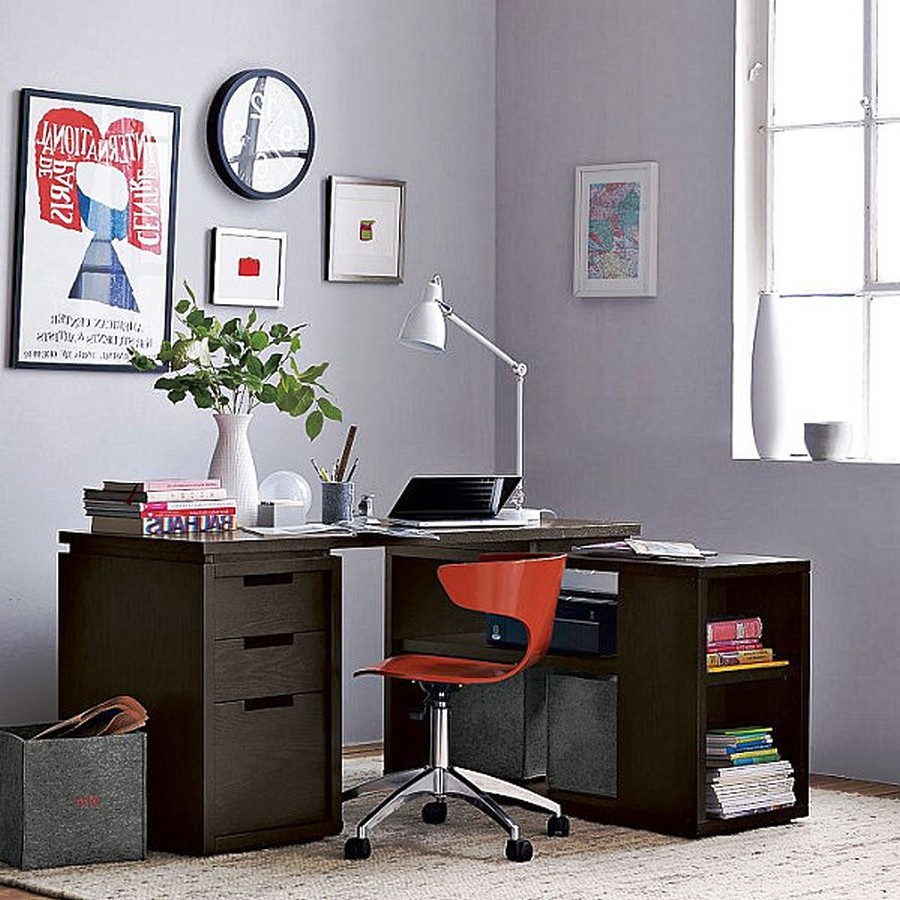 Small Computer Desk Ideas And White Wall Design And White Desk Lamp And Book Storage Design Ideas With Short Red Swivel Chair With Carpet Flooring For Home Office Ideas Furniture + Accessories