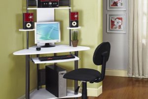 Furniture + Accessories Small White Computer Desk Ideas And Laminate Flooring Design On The Corner Room With Swivel Chair With Green Wall Design Ideas Wooden Ideas Small Computer Desk Design