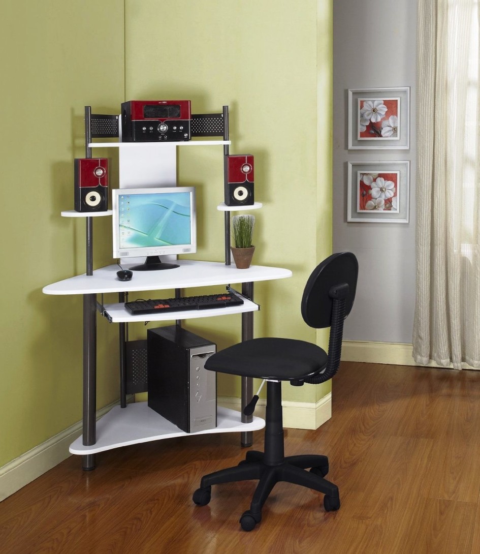 Small White Computer Desk Ideas And Laminate Flooring Design On The Corner Room With Swivel Chair With Green Wall Design Ideas Furniture + Accessories