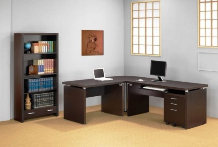 Furniture + Accessories Medium size Small Wooden Computer Desk Ideas With Cream Flooring Design With Cabinet And Wide Rug For Home Office Design Ideas And Bookshelves Design Ideas