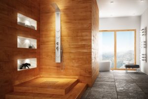 Bathroom Designs Shower Room Design Ideas With Modern Bath Tub Design With Wooden Flooring Design With Glass Window And White Curtain With Bathroom Eall Design Ideas Small Bathrooms For Small Spaces