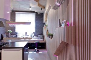 Kitchen Designs Thumbnail size Stylish Parametrix Futuristic Kitchen Wooden Wall Brick Wall Pink Neon Lighting Brown Ceramic Floor Wine Glass White Kitchen Cabinet With Black Countertop White Pillow Cushion Black Bar Stool Bay Window Table