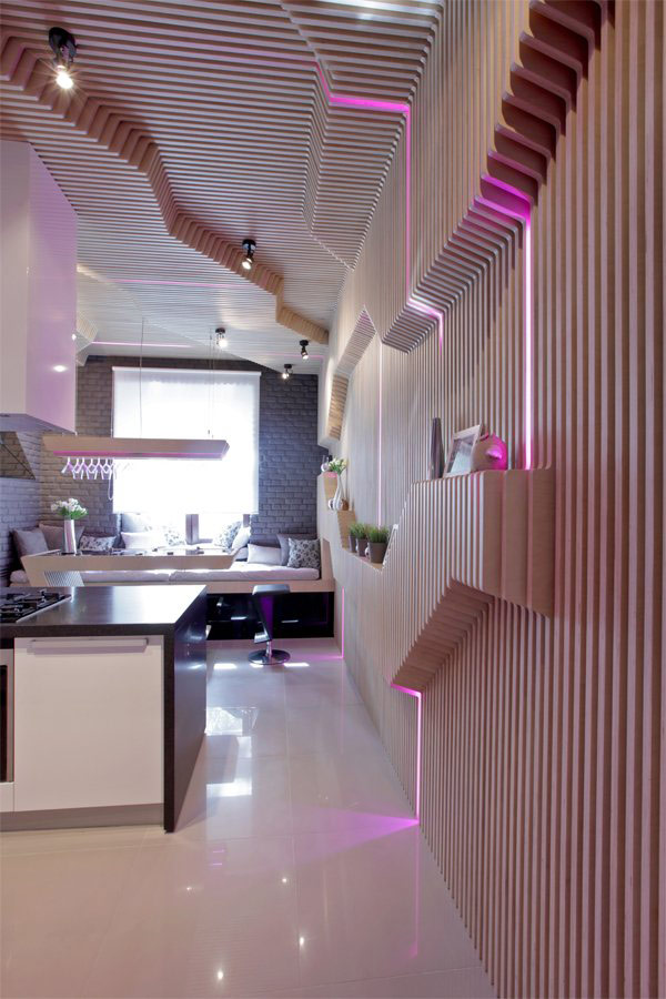 Kitchen Designs Stylish Parametrix Futuristic Kitchen Wooden Wall Brick Wall Pink Neon Lighting Brown Ceramic Floor Wine Glass White Kitchen Cabinet With Black Countertop White Pillow Cushion Black Bar Stool Bay Window Table Kitchen Hardware Trends : Kitchen Knives