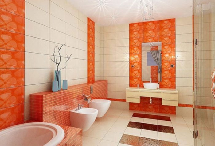 Bathroom Designs Medium size Bathroom Designs White And Orange Bathroom Design Ideas With White Bathroom Floor Tile Design And White And Orange Bathroom Wall Tile Design With Bathroom Vanity Design And Toilet And White Washbasin Ceramic For Bathroom Ideas Tile