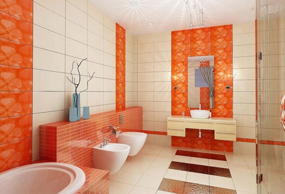 Bathroom Designs White And Orange Bathroom Design Ideas With White Bathroom Floor Tile Design And White And Orange Bathroom Wall Tile Design With Bathroom Vanity Design And Toilet And White Washbasin Ceramic For Bathroom Ideas Tile