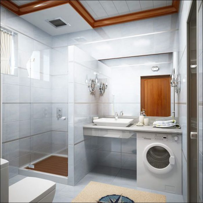 Bathroom Designs Medium size White Ceramic Tile Idea With Laundry Room Design With Large Mirror With Shower Room Design With Stainless Faucet And Washbasin Cabinet With White Ceramic Wall Design Ideas