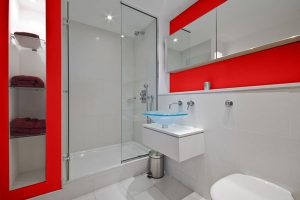 Bathroom Designs Thumbnail size White Ceramic Wall White Bathtub White Washbasin Stainless Faucet Bathroom Decorating Ideas Small Bathroom Decor White Ceramic Flooring Red And White Bathroom