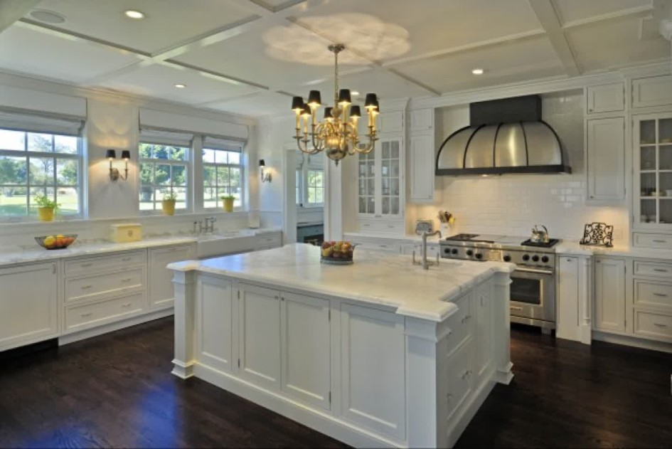 White Kitchen Cabinets For White Kitchen Design Ideas With White Kitchen Island Pendant Light Marble Countertops Laminate Flooring White Backsplash Glass Window Wooden Flooring Ideas Ideas