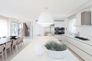 Kitchen Designs Thumbnail size White Kitchen Design Ideas With Large Pendant Lamp With Dining Room Design Ideas With Long Dining Table Design With White Kitchen Island Design With Stainless Faucet With Stove Design