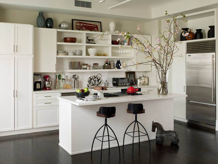 White Kitchen Design Ideas With White Kitchen Cabinet Design With Open Kitchen Shelving Design With White Kitchen Island Design With Wooden Flooring Design And White Backspalsh Ideas Ideas