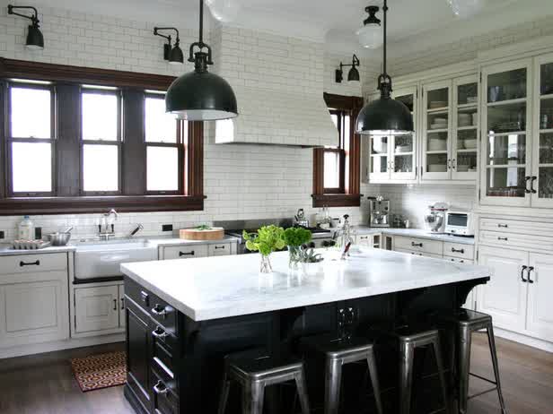 White Kitchen Ideas With Hardwood Floor White Kitchen Cabinets Design Glass Window White Brick Wall Design Pendant Lamp Kitchen Island Design With Seating Ideas Interior Design