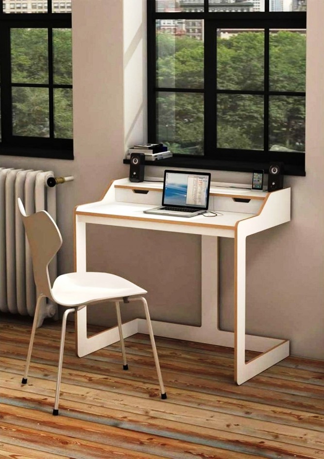 White Small Computer Desk Design Ideas With White Chair With Wooden Flooring Design And Glass Window With White Chair For Home Office Design Ideas Furniture + Accessories