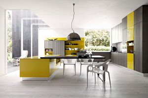 Kitchen Designs Thumbnail size White Wooden Flooring Bay Window Brown And Yellow Kitchen Cabinet Pendant Lamp White Metal Plastic Chair Brown Table Brown Kitchen Island White Wall White Sofa Bottle Kalea Kitchen Design Ideas