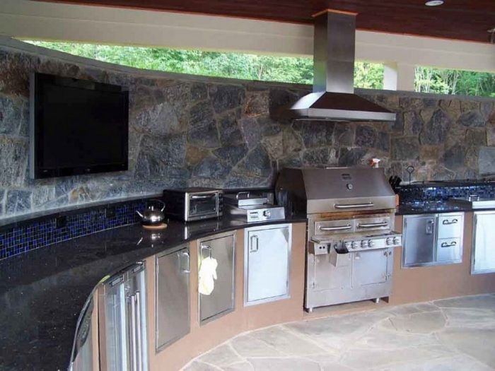 Kitchen Designs Medium size Wonderful Outdoor Kitchen Decoration Escorted By Grey Stone Wall Scheme Black Granite Counter Tops As Well As Modern Stainless Steel Kitchen Drawe Decorating Plan Outdoor Kitchen