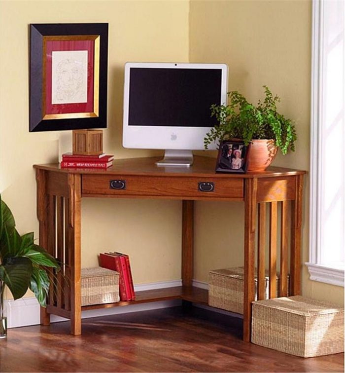 Furniture + Accessories Wood Small Computer Desk Design And Cream Wall Design And Bottom Shelf For Home Office Design Ideas With Drawers And Rattan Storage Design With Wooden Flooring Design Ideas Determining And Managing Computer Desk Designs