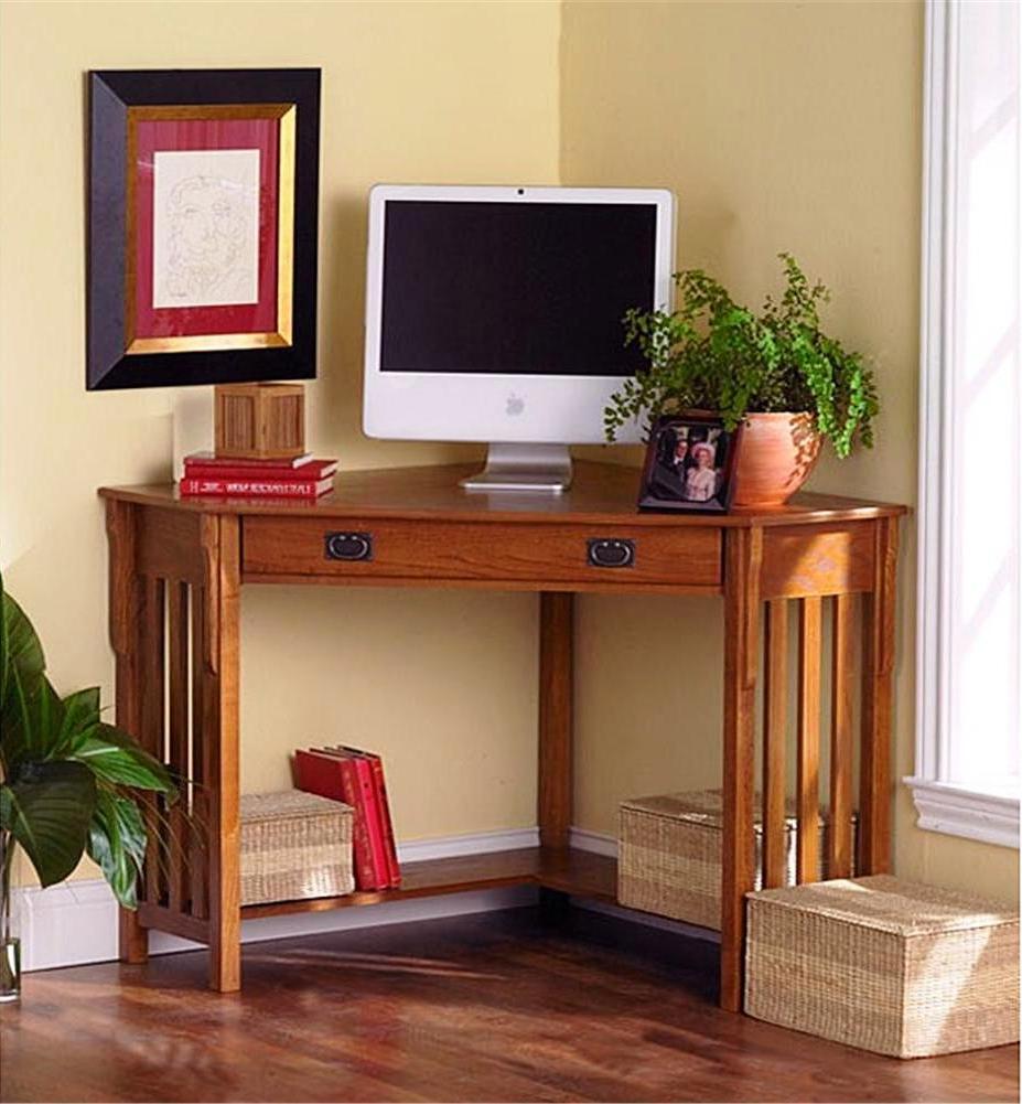 Wood Small Computer Desk Design And Cream Wall Design And Bottom Shelf For Home Office Design Ideas With Drawers And Rattan Storage Design With Wooden Flooring Design Ideas Furniture + Accessories