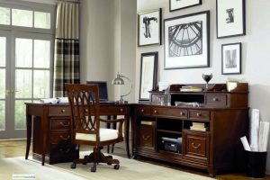 Furniture + Accessories Thumbnail size Wooden Computer Armoire Desk Design With Laminate Flooring And White Rug And Wooden Swivel Chair With Graded Drawers With Glass Door And Striped Curtain Ideas For Home Office Ideas