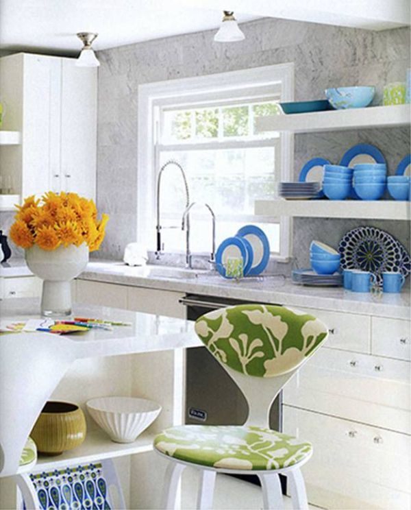 Ideas Amazing Colorful Plates Displayed Shelves For Minimalist Kitchen Design Ideas With White Kitchen Table Design Ideas White Kitchen Island Design Ideas Glass Window Some Laminate Floors Pros And Cons