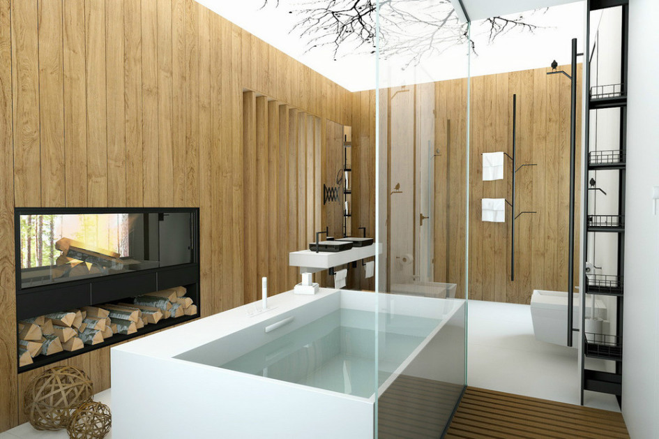 Bathroom Designs Amazing Modern Bathroom Design Ideas With Fireplace Design With White Ceramic Floor Design With Wood Wall Design For Bathroom With Bathtubs Design With Washbasin Cabinet Design Sundries To Design A Bathroom Online