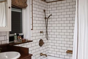 Bathroom Designs Thumbnail size Amazing Small Bathroom Design Ideas With White Brick Wall Shower Design Toilet Ceramic Flooring Bathroom Decor Bathtub White Curtains Washbasin Cabinet Glass Window