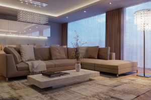 Ideas Thumbnail size Awesome Living Room Design Ideas By Caliman Eduard With Floor Lamp Bay Glass Brown Cozy Sofa Cushions Brown Curtains Table Carpet Flooring Laminate Flooring Ideas