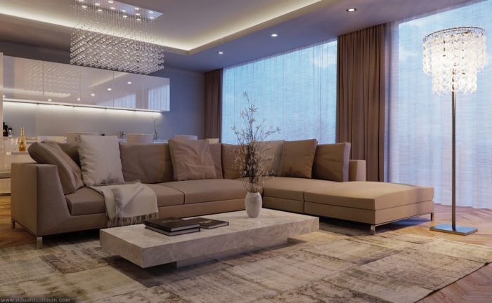 Ideas Awesome Living Room Design Ideas By Caliman Eduard With Floor Lamp Bay Glass Brown Cozy Sofa Cushions Brown Curtains Table Carpet Flooring Laminate Flooring Ideas Room Design Programs Using Architect