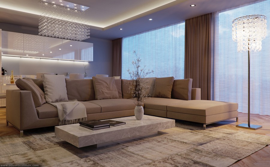 Awesome Living Room Design Ideas By Caliman Eduard With Floor Lamp Bay Glass Brown Cozy Sofa Cushions Brown Curtains Table Carpet Flooring Laminate Flooring Ideas Ideas