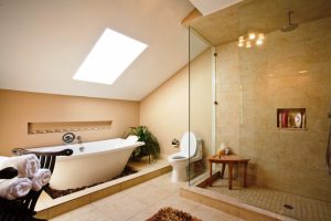 Bathroom Designs Thumbnail size Bathroom Sloping Ceiling And Glass Partition With Bathtub And Open Skylight With Marble Floor Plan With Toilet And Cream Bathroom Color Scheme With Shower Room Design