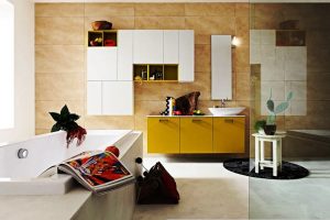 Bathroom Designs Thumbnail size Bathroom Storage Design Ideas And Spacious Space With Marble Wall Design With Yellow And White Bathroom Cabinet Design With White Bathtub For Bathroom Interior Design