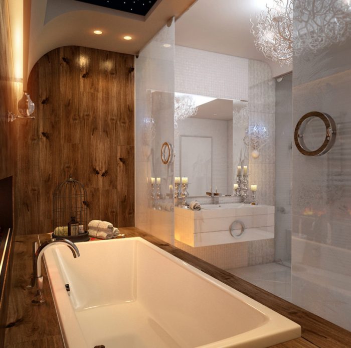 Bathroom Designs Medium size Bathroom With Fireplace Design Ideas With Bathroom Wall Design With Mirror And White Ceramic Tile Floor Design Ideas With White Tubs With Stainless Faucet Design