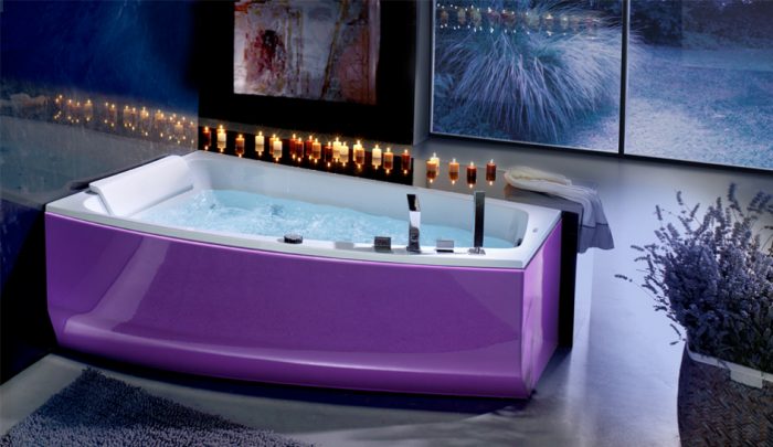 Bathroom Designs Medium size Beautiful Purple Bathtub Design Ideas For Modern Style Bathroom With Grey Bathroom Floor Tile Design And Purple Fur Rug For Bathroom Design Ideas With Glass Window Ideas Images
