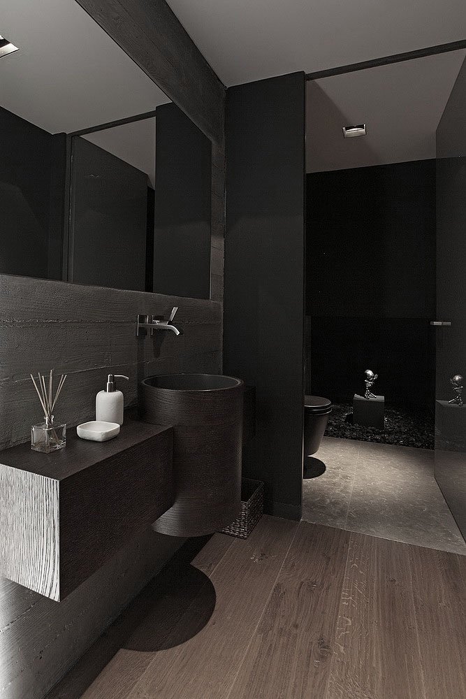 Black Bathroom Design Ideas Stainless Faucet Wooden Flooring Mirror Small Bathroom Design Bathroom Design Gallery Bathroom Home Design Modern Bathroom Plans Black Ceramic Tile Flooring Interior Design