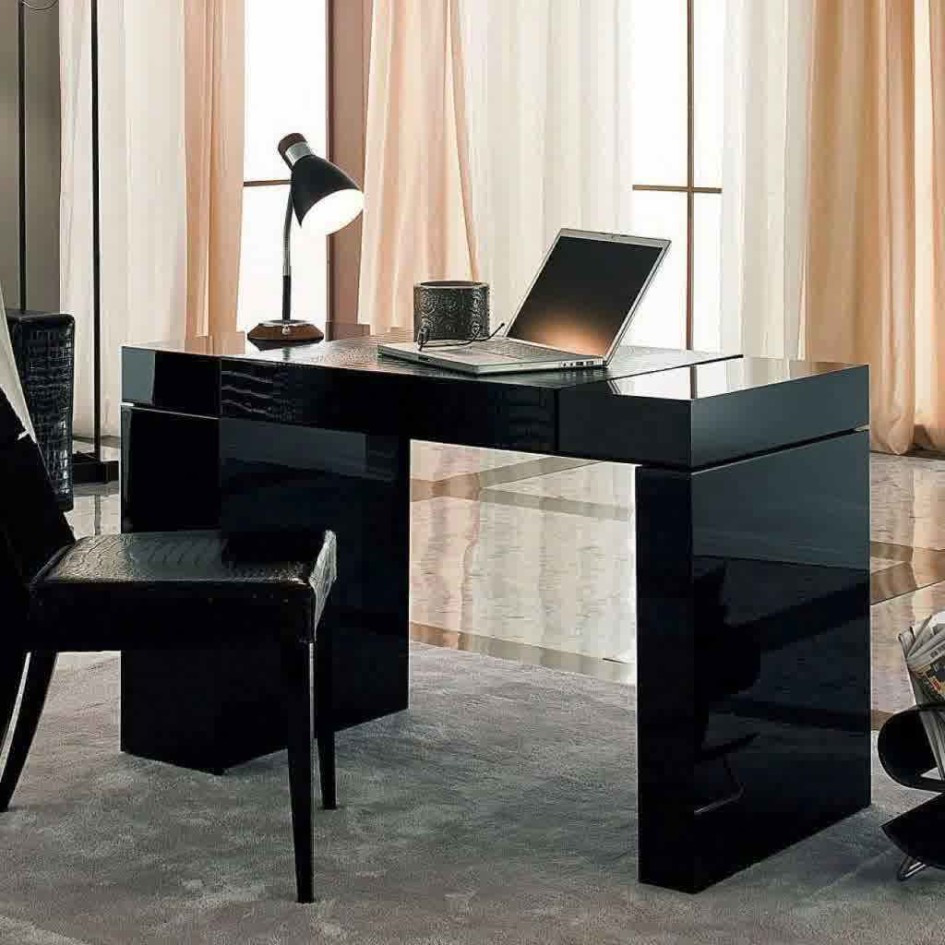 Black Modern Home Office Desk Design Ideas And Black Desk Lamp For Home Office Design Ideas With Upholstered Chair With Brown White Curtains Ideas Furniture + Accessories