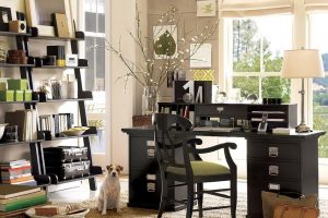 Furniture + Accessories Thumbnail size Black Wooden Modern Home Office Desk Design Ideas With Curtain With Modern Furniture And Chair Set For Home Office Design Ideas With Desk Lamp Ideas