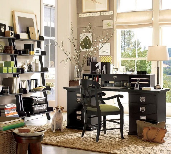 Furniture + Accessories Black Wooden Modern Home Office Desk Design Ideas With Curtain With Modern Furniture And Chair Set For Home Office Design Ideas With Desk Lamp Ideas Minimalist And Modern Desk Design