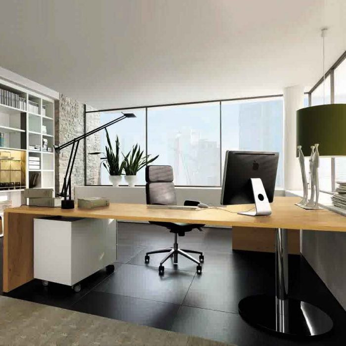 Furniture + Accessories Brown Wooden Modern Home Office Desk Design Ideas And Bookshelves Design And Book Shelf For Home Office Design Ideas With Black Swivel Chair And Green Pendant Lamp Ideas Minimalist And Modern Desk Design