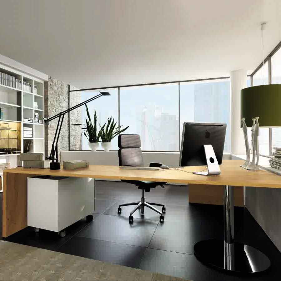 Brown Wooden Modern Home Office Desk Design Ideas And Bookshelves Design And Book Shelf For Home Office Design Ideas With Black Swivel Chair And Green Pendant Lamp Ideas Furniture + Accessories