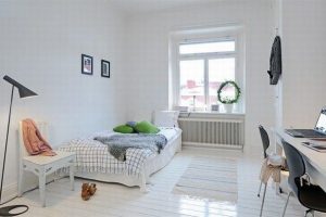 Bedroom Designs Thumbnail size Charming Modern Swedish Bedroom Designs Ideas With White Wall White Wood Floor Glass Window White Wood Chair White Desk White Cozy Bed Green Pillow White Pillow Design