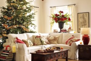 Ideas Thumbnail size Christmas Decoration Ideas For Living Room Design Ideas With White L Shaped Sofa Design Cushion And Wooden Flooring Design Brown Carpet Flooring Design Small Wood Table Ideas