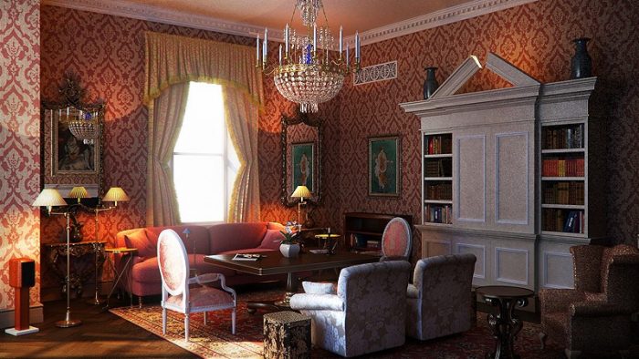 Furniture + Accessories Classical Living Room Decoration Ideas From Red Wall Interior And Brown Flooring With Red Wide Rug Design And Crystals Ideas Retro Furniture For Home Design