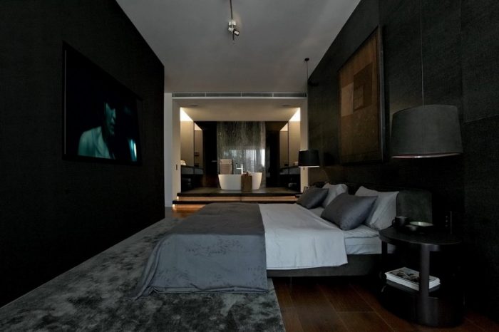 Interior Design Medium size Dark Bedroom Design Ideas Modern Bedroom Design Interior Bedroom Ideas Cozy Bed Grey Bed Covers Table Lamp Pillow Wood Floor Carpet Flooring Black Wall Bedroom Decoration Ideas Black Round Table