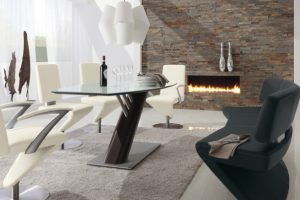 Living Room Designs Dining Room Design Ideas Edgy Dining Room Set Modern Fireplace White Curtains Glass Window White Dining Chairs Glass Dining Table Black Chairs Dining Room White Flooring Ideas Indoor Stone Fireplace For Living Room