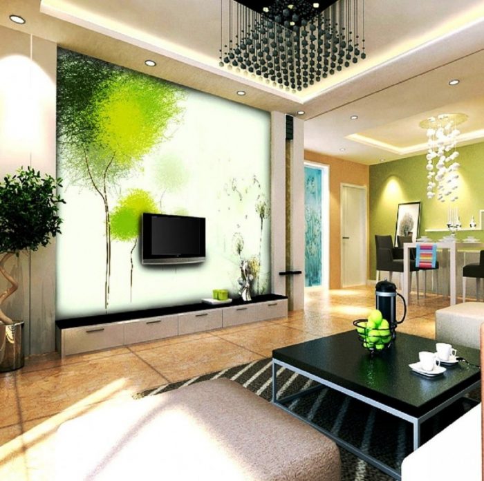 Furniture + Accessories Fresh Nature Green And White Wall Decals And Black Coffee Table Design With Luminous Marble Floor For Modern Living Room Decorating Ideas With Modern Ceiling Model Ideas Best Coffee Tables To Choose