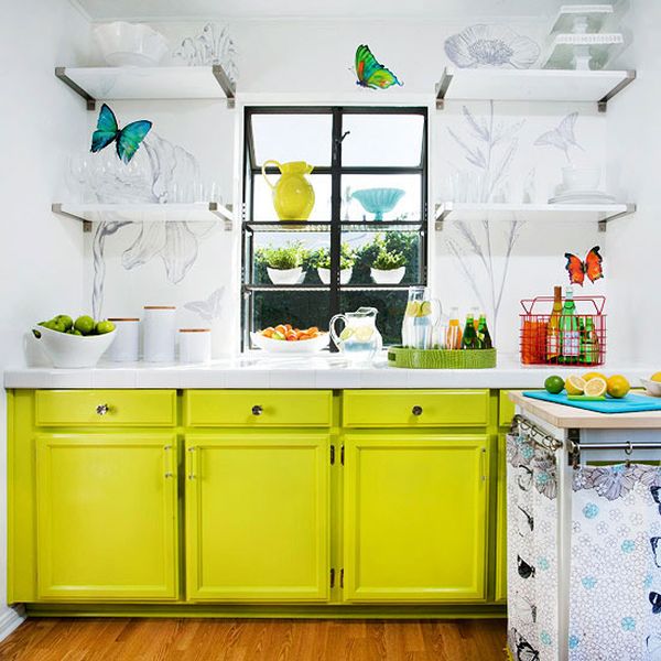 Ideas Great And Wonderful Open Kitchen Shelves Ideas Bold Green Lime White Countertop Laminate Flooring Design Glass Window White Wall Painting Ideas Some Laminate Floors Pros And Cons