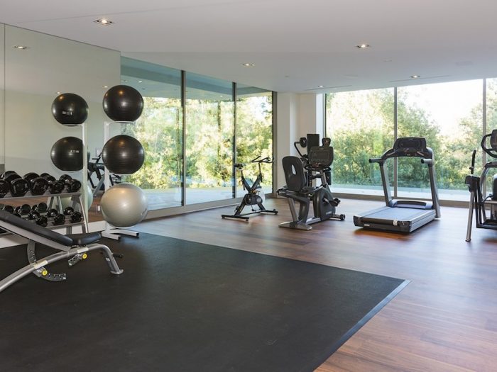 Ideas Home Gym Design Home Gym Wooden Flooring Black Carpet Sliding Glass Door Ceiling Lamp Interior Design Home Gym Equipment Ideas Home Gym Ideas Small Space Home Ideas Prices Of Prefab Homes