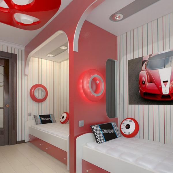 Bedroom Designs Inspiring Tennarger Bedroom Design Ideas With Ceramic Flooring Brown Door Red Car Wall Decor Art Double White Bed Pink Wall Red Plafon Wall Lamp Design Small Apartment Bedroom Furniture