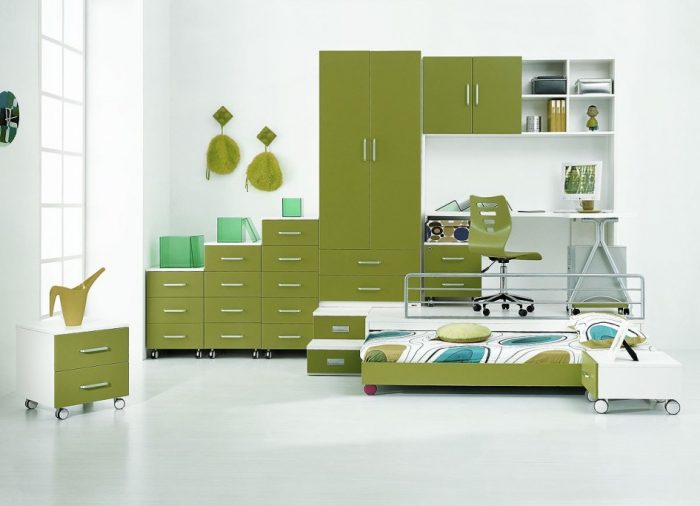 Ideas Kids Room Designs Ideas For Small Spaces Design Classic Kids Bedroom Design In Bright Lighting Ideas With Compact Sage Green Loft Beds Green Chest Of Drawer Green White Kids Ideas Types Of Home Lighting Ideas